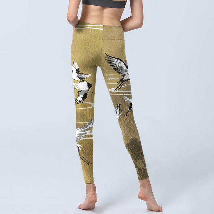 Buddha Stones Trees Cloud Red-crowned Crane Pattern Print Gym Leggings Women's Yoga Pants - image 6