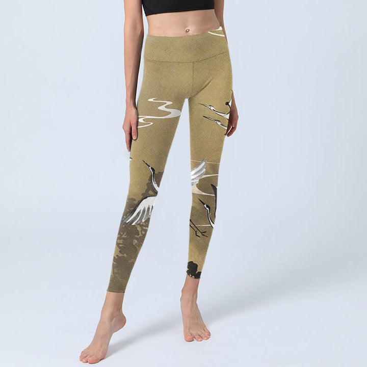 Buddha Stones Trees Cloud Red-crowned Crane Pattern Print Gym Leggings Women's Yoga Pants - image 5