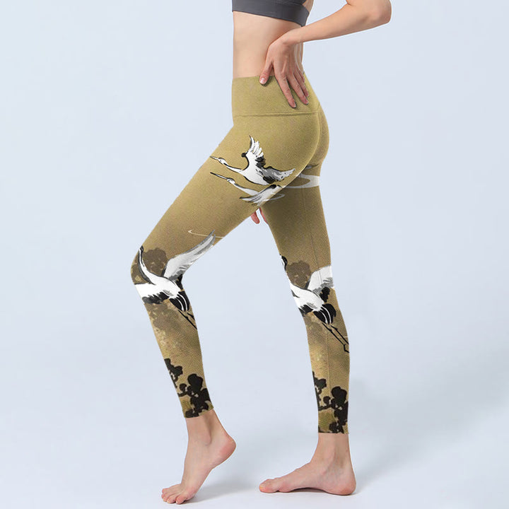 Buddha Stones Trees Cloud Red-crowned Crane Pattern Print Gym Leggings Women's Yoga Pants - image 2