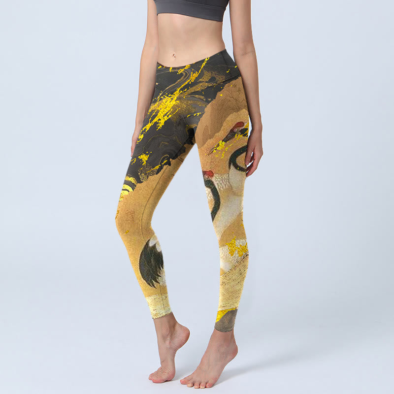Buddha Stones Rock Pine Tree Red-crowned Crane Pattern Print Gym Leggings Women's Yoga Pants - Goldenrod - US18，UK/AU22，EU50 (4XL) - image 0