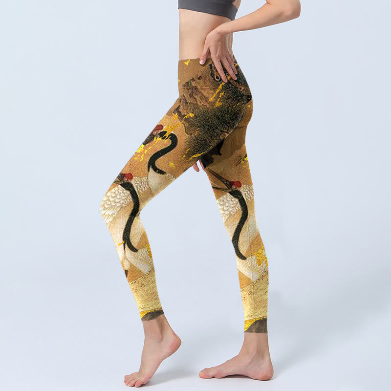 Buddha Stones Rock Pine Tree Red-crowned Crane Pattern Print Gym Leggings Women's Yoga Pants - image 2
