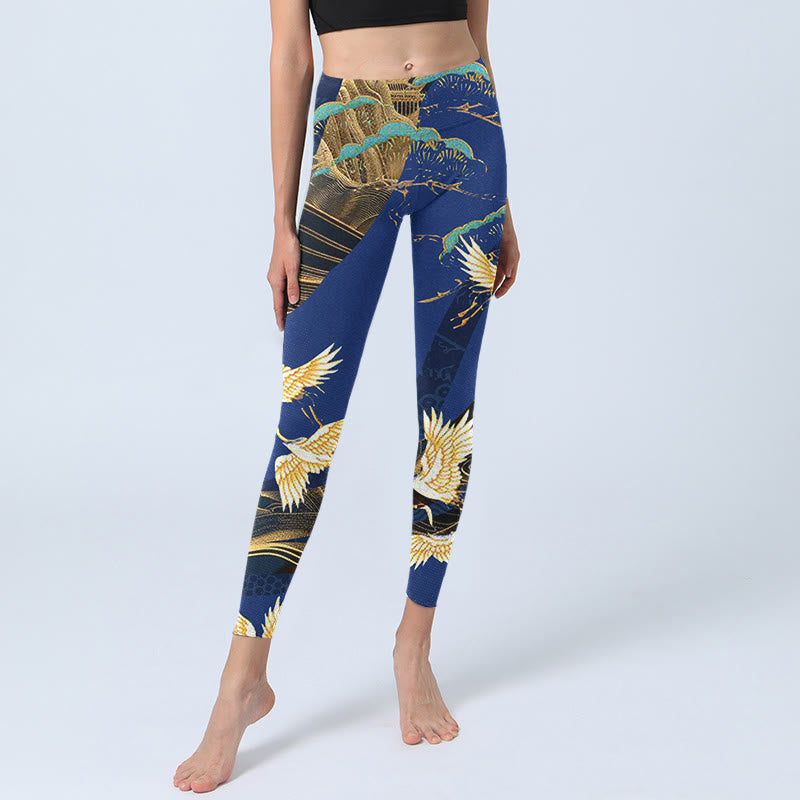Buddha Stones Mountain Temple Red Crowned Crane Pattern Print Gym Leggings Women's Yoga Pants - image 5