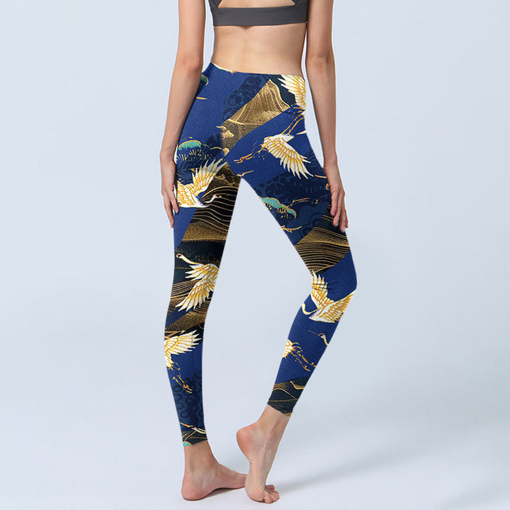 Buddha Stones Mountain Temple Red Crowned Crane Pattern Print Gym Leggings Women's Yoga Pants - image 4