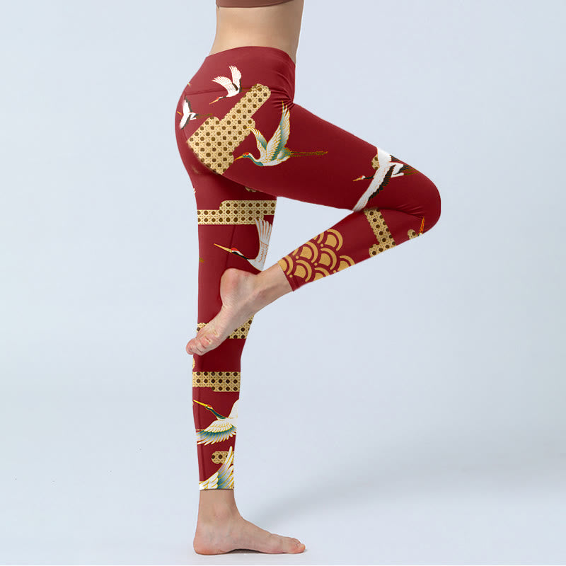Buddha Stones Red Crowned Crane Cloud Pattern Print Gym Leggings Women's Yoga Pants - image 3