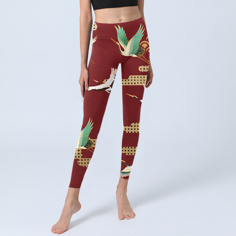 Buddha Stones Red Crowned Crane Cloud Pattern Print Gym Leggings Women's Yoga Pants - image 5