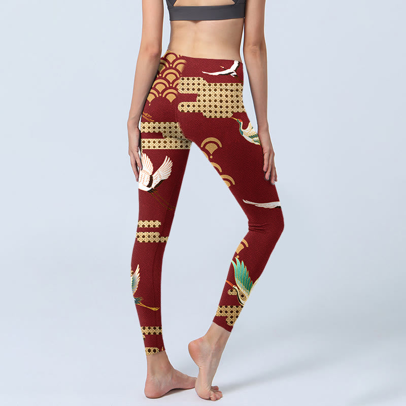 Buddha Stones Red Crowned Crane Cloud Pattern Print Gym Leggings Women's Yoga Pants - image 4