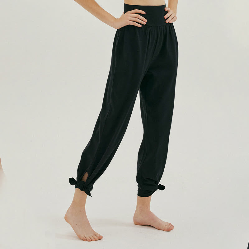 Buddha Stones Casual Loose Tie-down Hem Plain High Waist Women's Leica Pants With Pockets - image 14