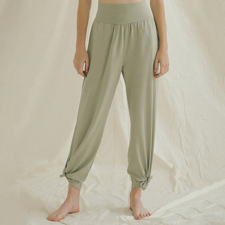 Buddha Stones Casual Loose Tie-down Hem Plain High Waist Women's Leica Pants With Pockets - LightGreen - US4，UK/AU8，EU36 (L) - image 0