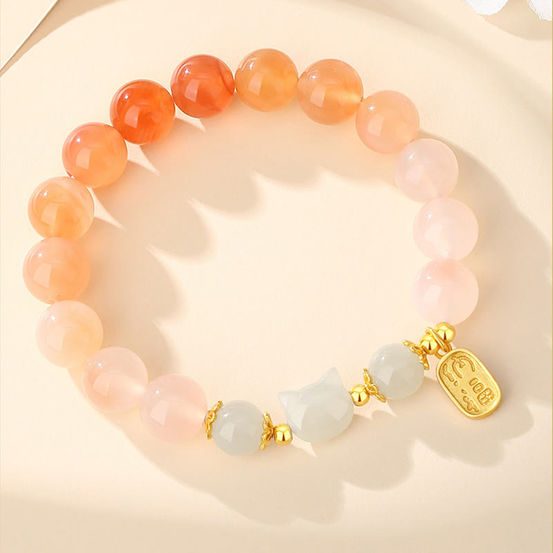 Buddha Stones 925 Sterling Silver Red Agate Hetian Jade Cat Fu Character Confidence Bracelet - image 1