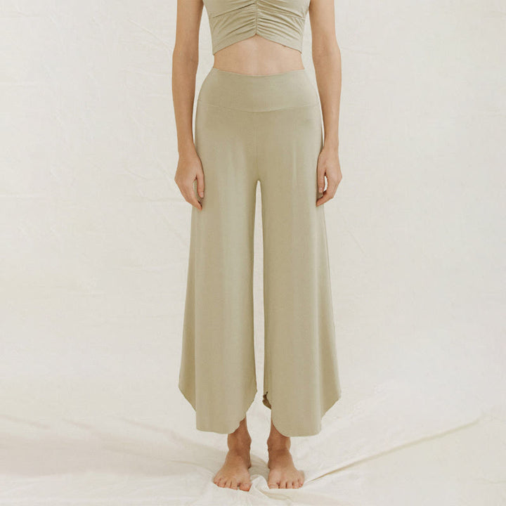 Buddha Stones Casual Plain Loose Irregular Geometric Hem Women's Leica Wide Leg Pants - DarkSeaGreen - US4，UK/AU8，EU36 (L) - image 11