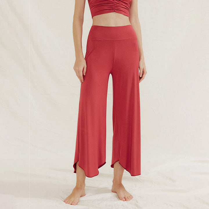 Buddha Stones Casual Plain Loose Irregular Geometric Hem Women's Leica Wide Leg Pants - Red - US4，UK/AU8，EU36 (L) - image 0