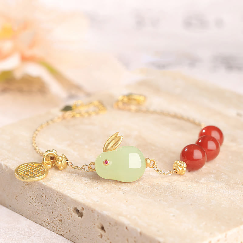 Buddha Stones Red Agate Beaded Hetian Jade Rabbit Fu Character Luck Buckle Chain Bracelet - Red Agate Jade Rabbit(Wrist Circumference: 15-16cm) - image 0