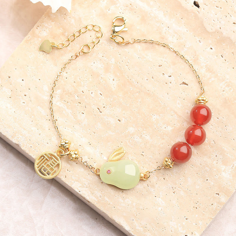 Buddha Stones Red Agate Beaded Hetian Jade Rabbit Fu Character Luck Buckle Chain Bracelet - image 1