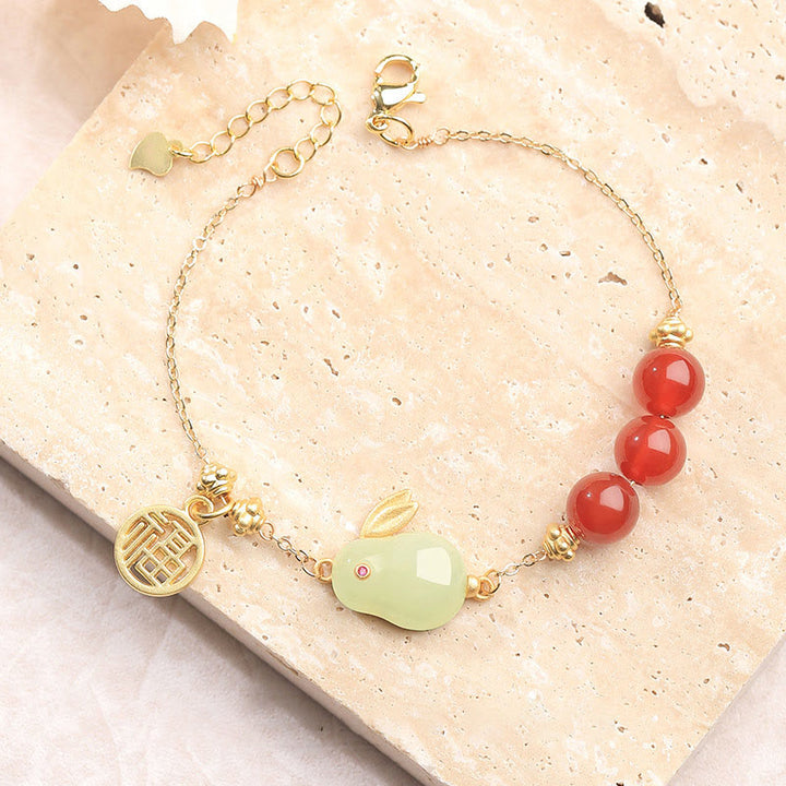 Buddha Stones Red Agate Beaded Hetian Jade Rabbit Fu Character Luck Buckle Chain Bracelet - image 1