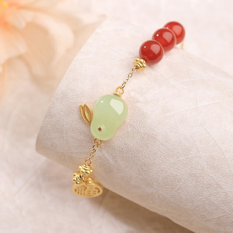 Buddha Stones Red Agate Beaded Hetian Jade Rabbit Fu Character Luck Buckle Chain Bracelet - image 3
