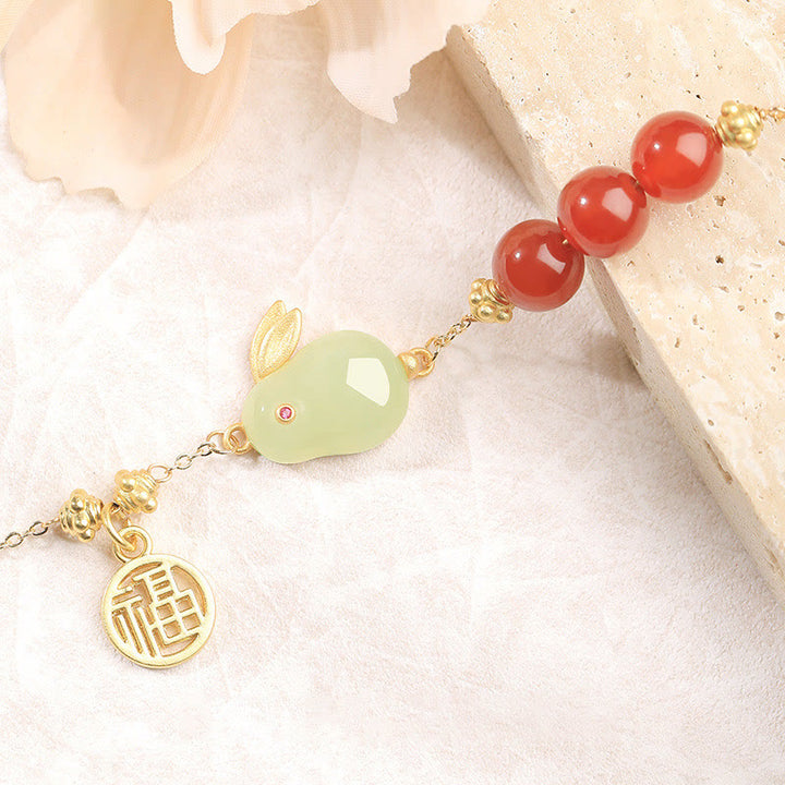 Buddha Stones Red Agate Beaded Hetian Jade Rabbit Fu Character Luck Buckle Chain Bracelet - image 4