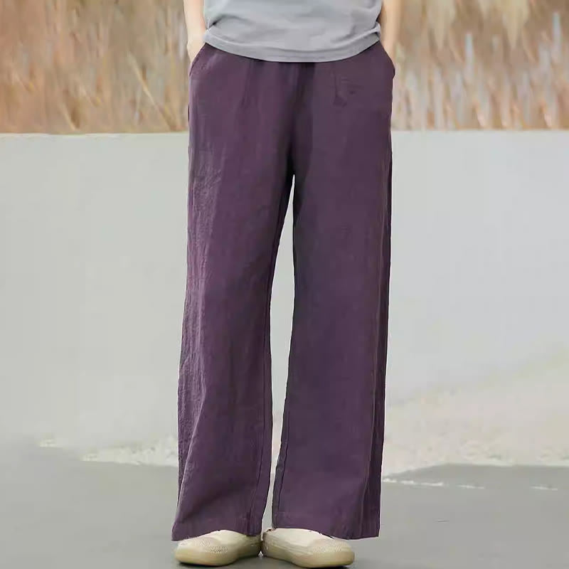Buddha Stones Casual Plain Loose Straight Leg Women's Ramie Cotton Wide Leg Pants With Pockets - image 2