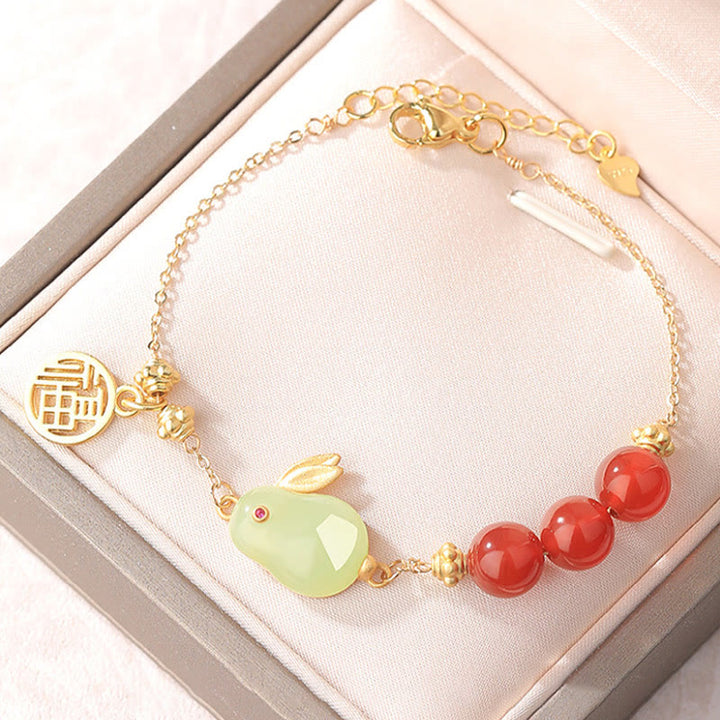 Buddha Stones Red Agate Beaded Hetian Jade Rabbit Fu Character Luck Buckle Chain Bracelet - image 2