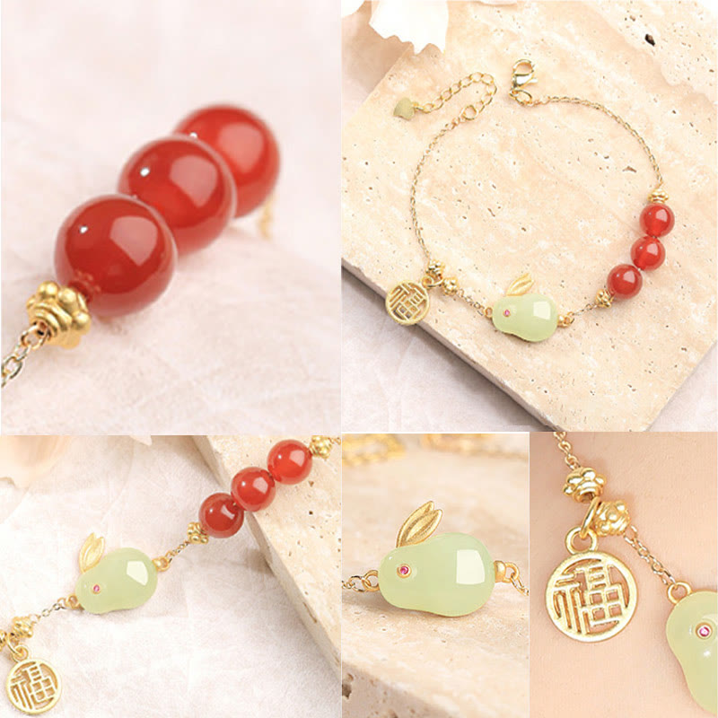 Buddha Stones Red Agate Beaded Hetian Jade Rabbit Fu Character Luck Buckle Chain Bracelet - image 10