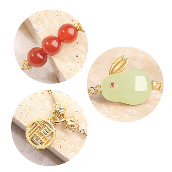 Buddha Stones Red Agate Beaded Hetian Jade Rabbit Fu Character Luck Buckle Chain Bracelet - image 11