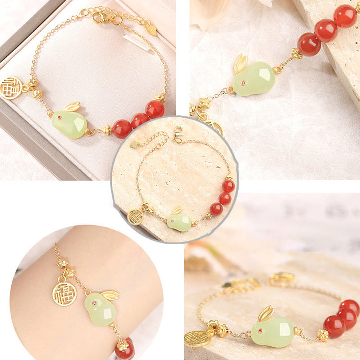Buddha Stones Red Agate Beaded Hetian Jade Rabbit Fu Character Luck Buckle Chain Bracelet - image 9