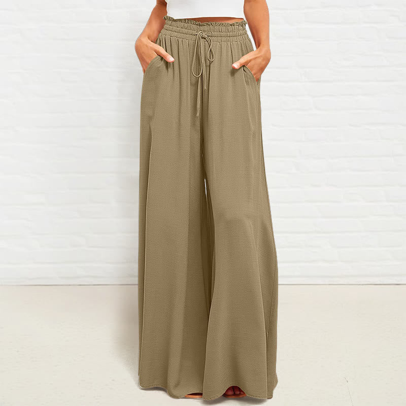 Buddha Stones Casual High Elastic Waist Plain Loose Women's Polyester Wide Leg Pants With Pockets - DarkKhaki - US12，UK/AU16，EU44 (2XL) - image 0