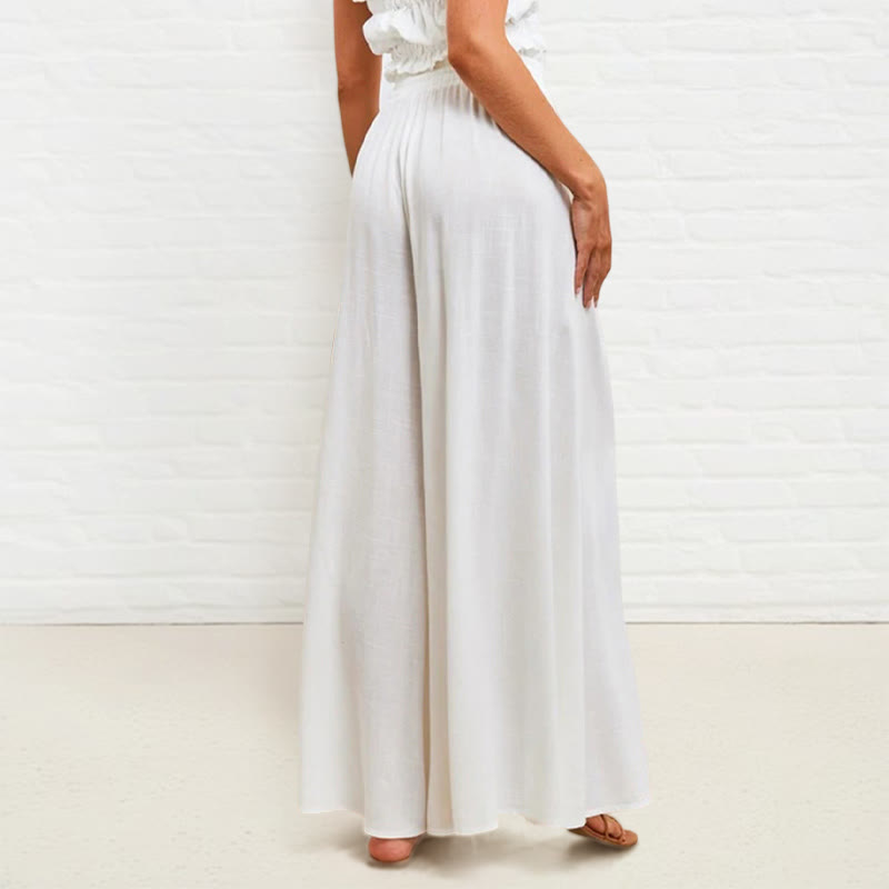 Buddha Stones Casual High Elastic Waist Plain Loose Women's Polyester Wide Leg Pants With Pockets - image 5