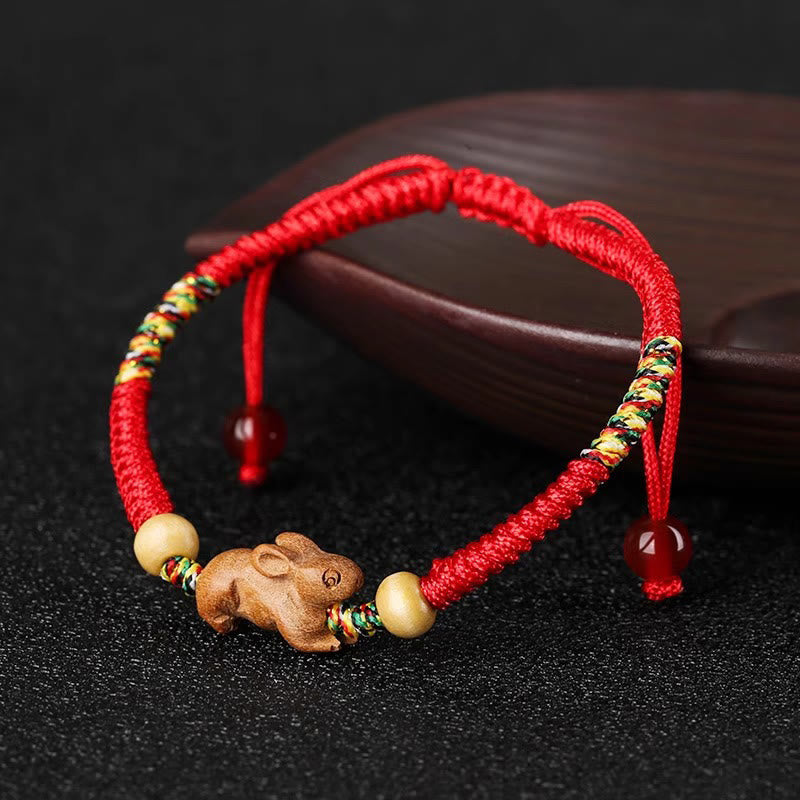 Buddha Stones Handmade Chinese Zodiac Red String Peach Wood Luck Bracelet - Rabbit - Red Rope(Wrist Circumference: 12-19cm) - image 0