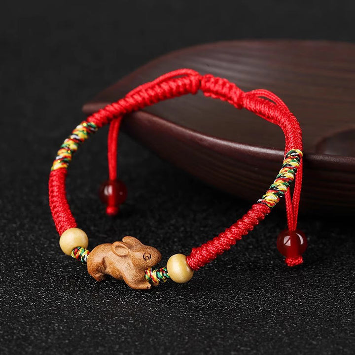 Buddha Stones Handmade Chinese Zodiac Red String Peach Wood Luck Bracelet - Rabbit - Red Rope(Wrist Circumference: 12-19cm) - image 0