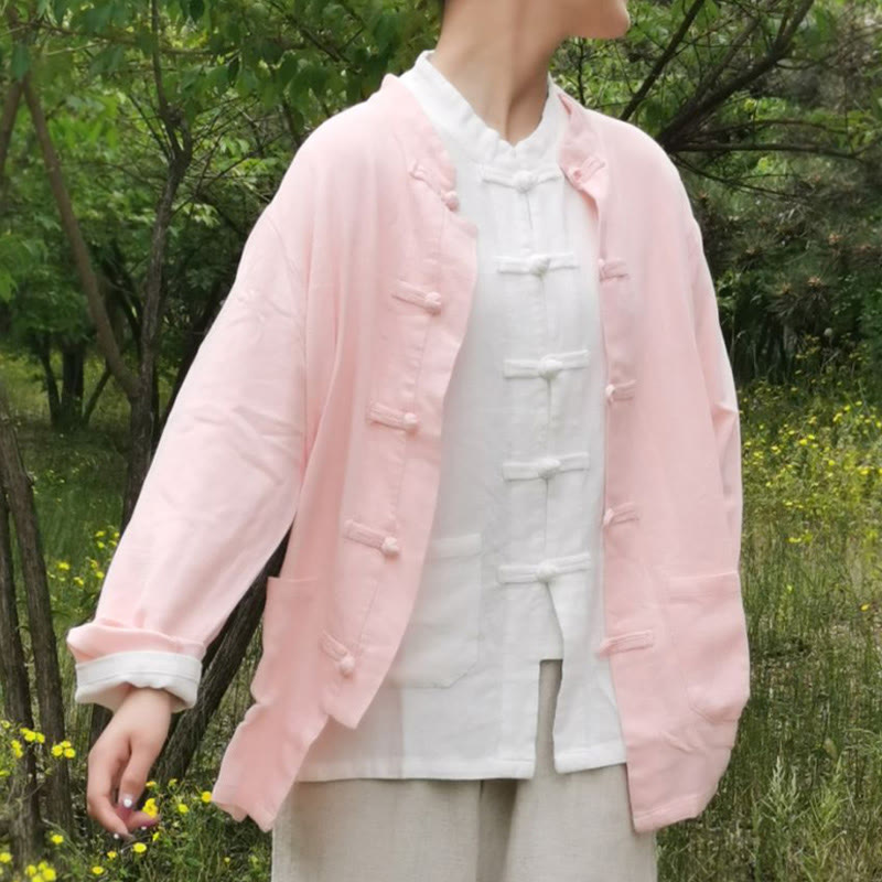 Buddha Stones Solid Color Frog-button Long Sleeve Cotton Linen Women's Shirts With Pockets - Pink - US6，UK/AU10，EU38 (XL) - image 16