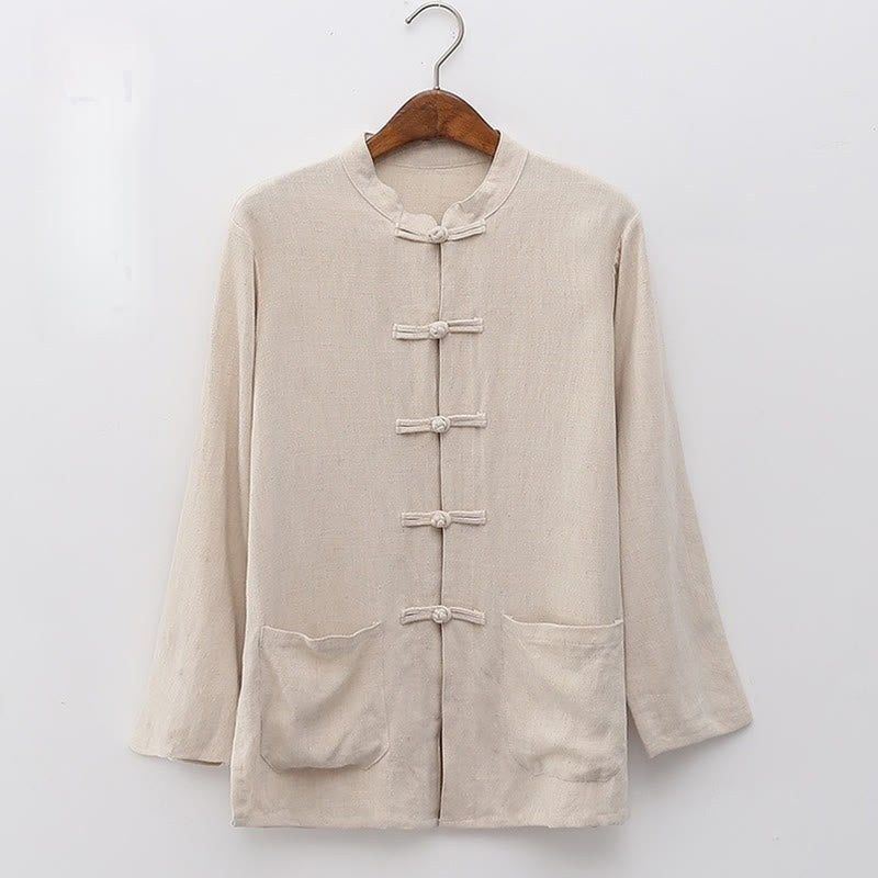 Buddha Stones Solid Color Frog-button Long Sleeve Cotton Linen Women's Shirts With Pockets - OldLace - US6，UK/AU10，EU38 (XL) - image 2