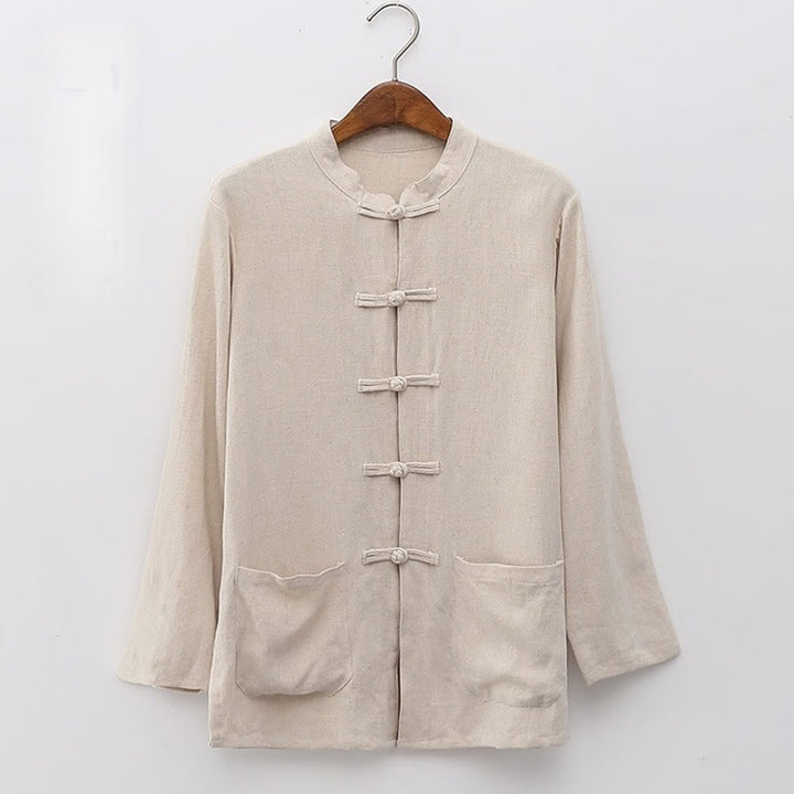 Buddha Stones Solid Color Frog-button Long Sleeve Cotton Linen Women's Shirts With Pockets - OldLace - US6，UK/AU10，EU38 (XL) - image 2