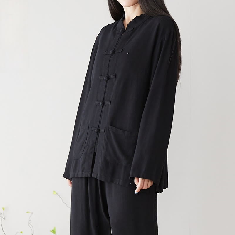 Buddha Stones Solid Color Frog-button Long Sleeve Cotton Linen Women's Shirts With Pockets - Black - US6，UK/AU10，EU38 (XL) - image 5