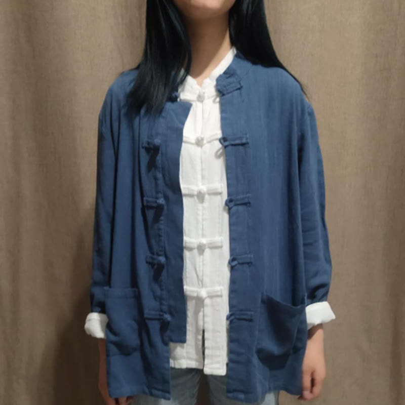 Buddha Stones Solid Color Frog-button Long Sleeve Cotton Linen Women's Shirts With Pockets - DarkSlateBlue - US6，UK/AU10，EU38 (XL) - image 9