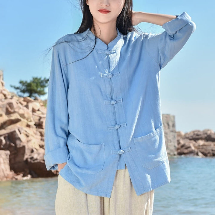 Buddha Stones Solid Color Frog-button Long Sleeve Cotton Linen Women's Shirts With Pockets - LightSkyBlue - US6，UK/AU10，EU38 (XL) - image 6