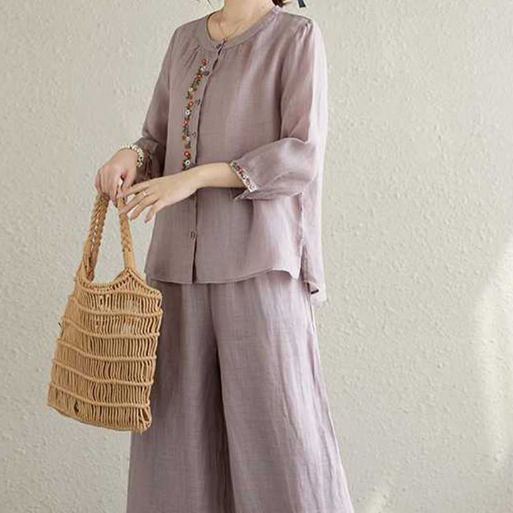 Buddha Stones 2Pcs Cotton Embroidery Flowers Shirt Top Pants Meditation Zen Tai Chi Clothing Women's Set - image 7