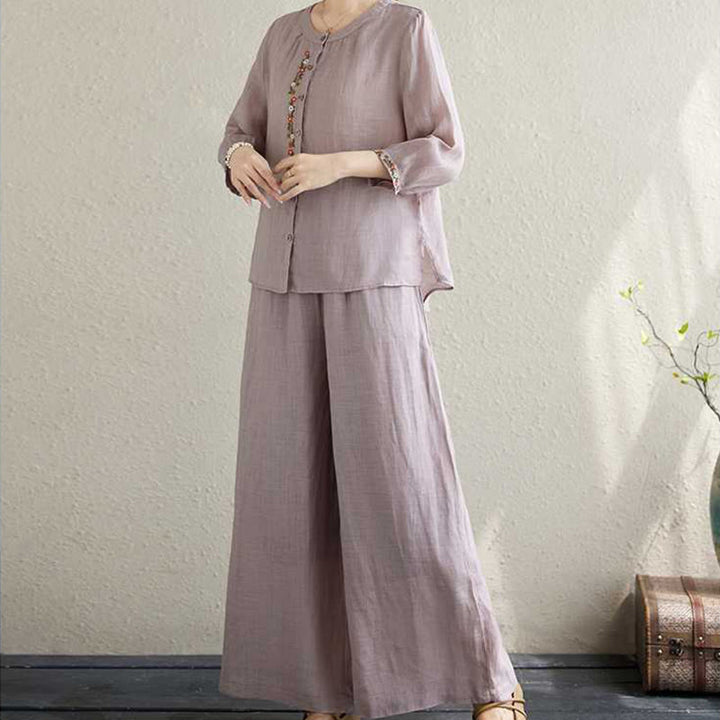 Buddha Stones 2Pcs Cotton Embroidery Flowers Shirt Top Pants Meditation Zen Tai Chi Clothing Women's Set - image 6