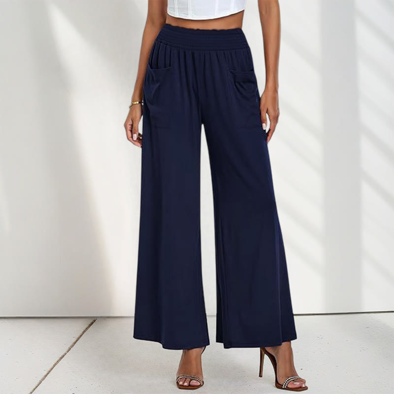 Buddha Stones Casual High Waist Plain Loose Women's Polyester Wide Leg Pants With Pockets - Black - US12，UK/AU16，EU44 (2XL) - image 2