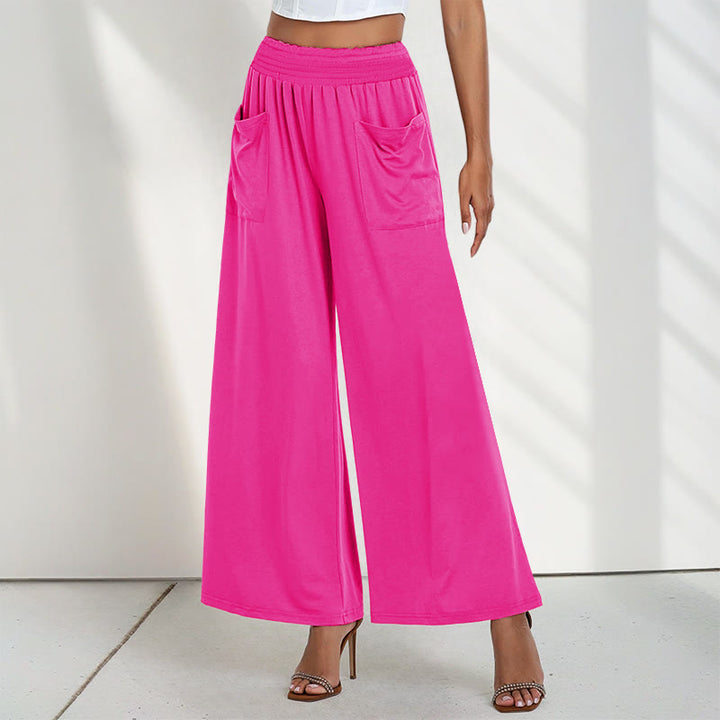 Buddha Stones Casual High Waist Plain Loose Women's Polyester Wide Leg Pants With Pockets - DeepPink - US12，UK/AU16，EU44 (2XL) - image 9