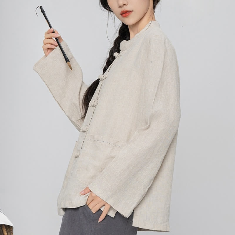 Buddha Stones Solid Color Frog-button Long Sleeve Linen Women's Shirts With Pockets - PapayaWhip - US4，UK/AU8，EU36 (L) - image 12