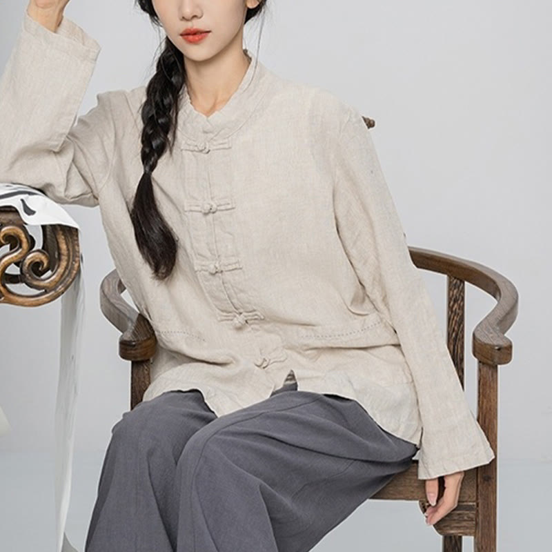 Buddha Stones Solid Color Frog-button Long Sleeve Linen Women's Shirts With Pockets - image 18
