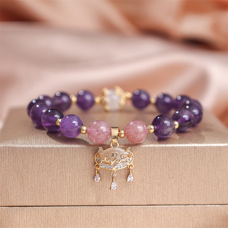 Buddha Stones Natural Amethyst Strawberry Quartz Peace Lock Charm Positive Bracelet - image 7