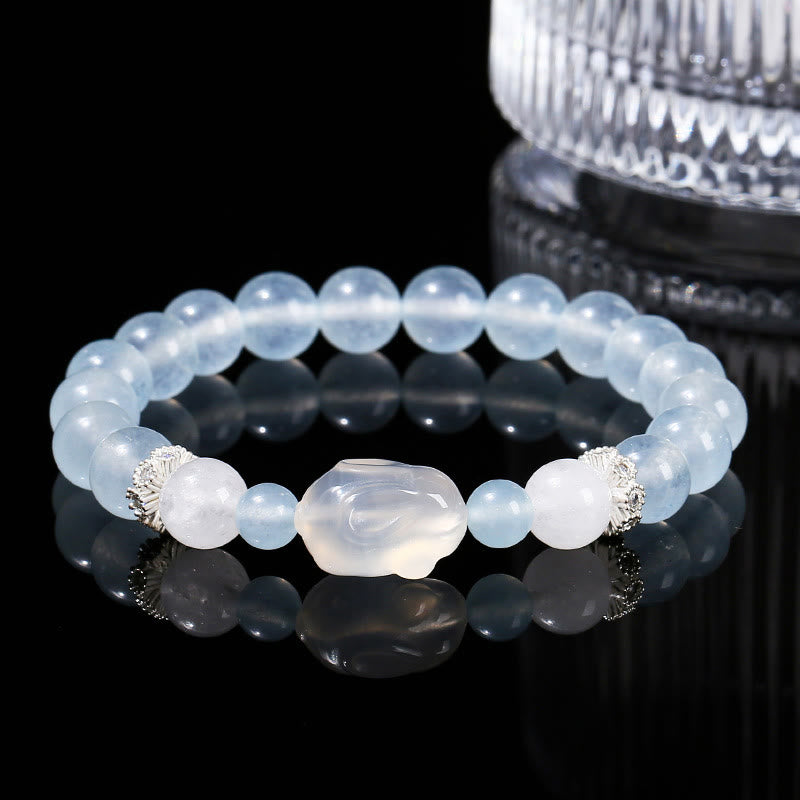 Buddha Stones Blue Chalcedony White Agate Rabbit Emotional Balance Bracelet - Blue Chalcedony(Wrist Circumference 14-16cm) - image 0