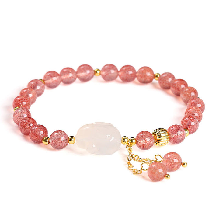 Buddha Stones Natural Strawberry Quartz Agate Rabbit Healing Bracelet - image 11