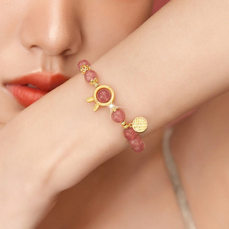 Buddha Stones Natural Strawberry Quartz Rabbit Fu Character Charm Love Bracelet - image 4