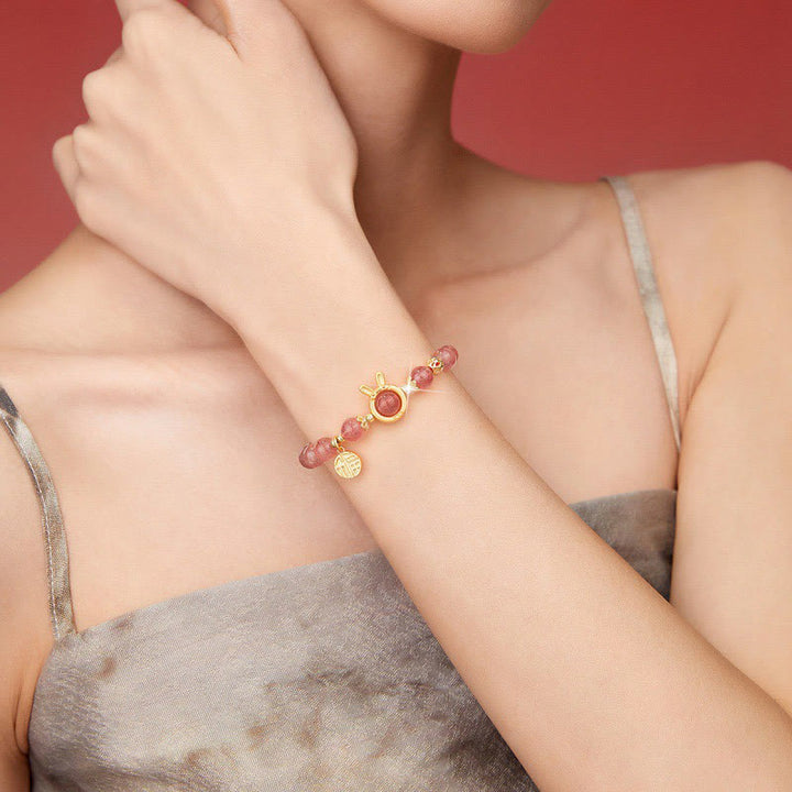 Buddha Stones Natural Strawberry Quartz Rabbit Fu Character Charm Love Bracelet - image 5