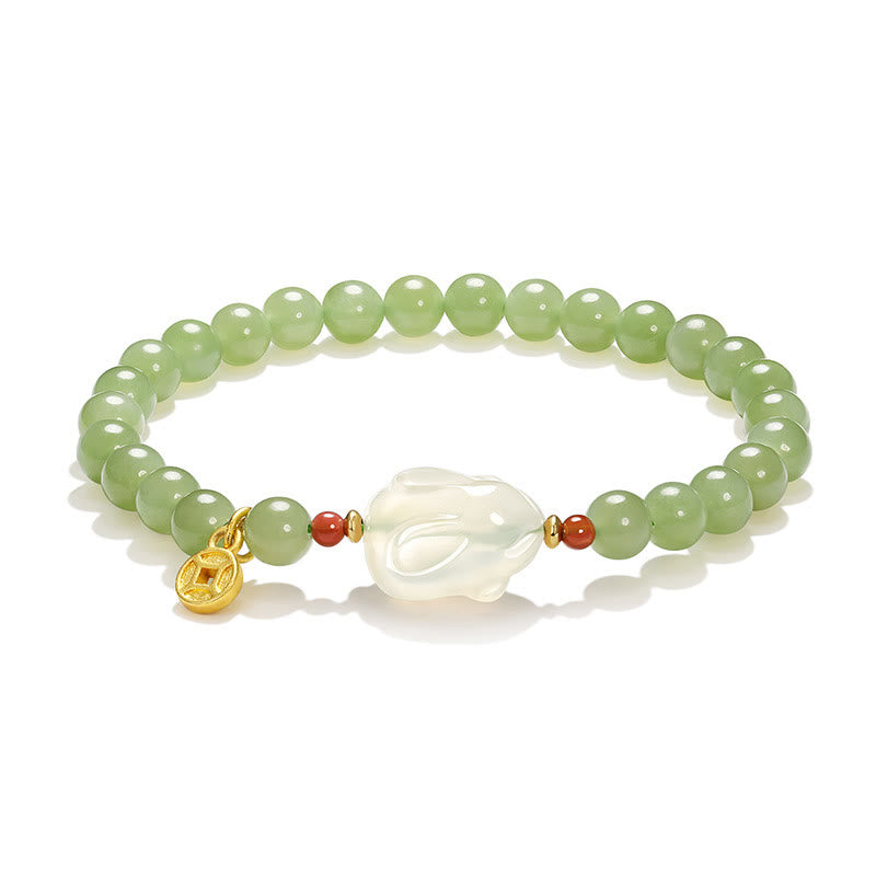 Buddha Stones Natural Hetian Jade Agate Rabbit Copper Coin Luck Bracelet - image 10