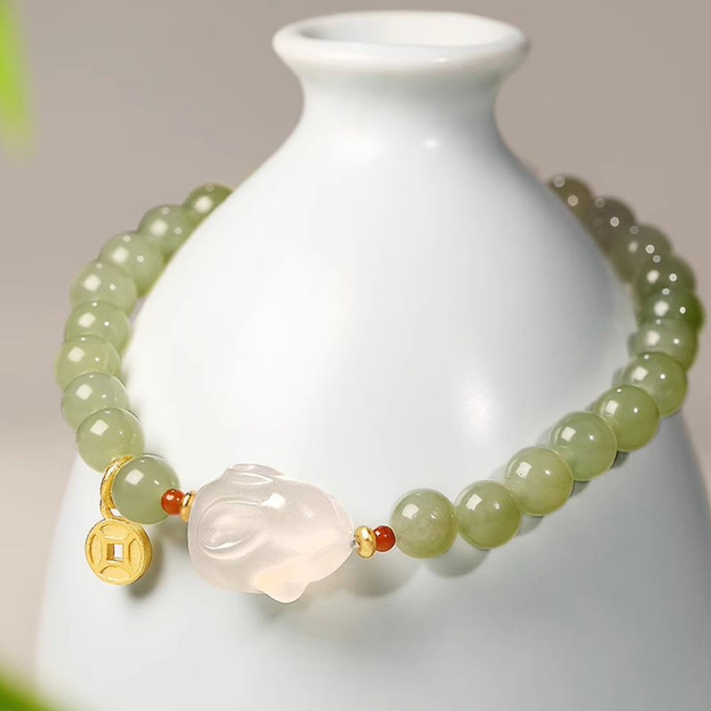 Buddha Stones Natural Hetian Jade Agate Rabbit Copper Coin Luck Bracelet - image 1