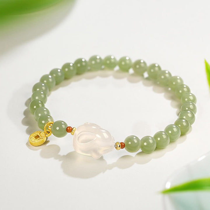 Buddha Stones Natural Hetian Jade Agate Rabbit Copper Coin Luck Bracelet - image 2