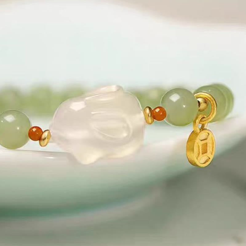 Buddha Stones Natural Hetian Jade Agate Rabbit Copper Coin Luck Bracelet - image 3